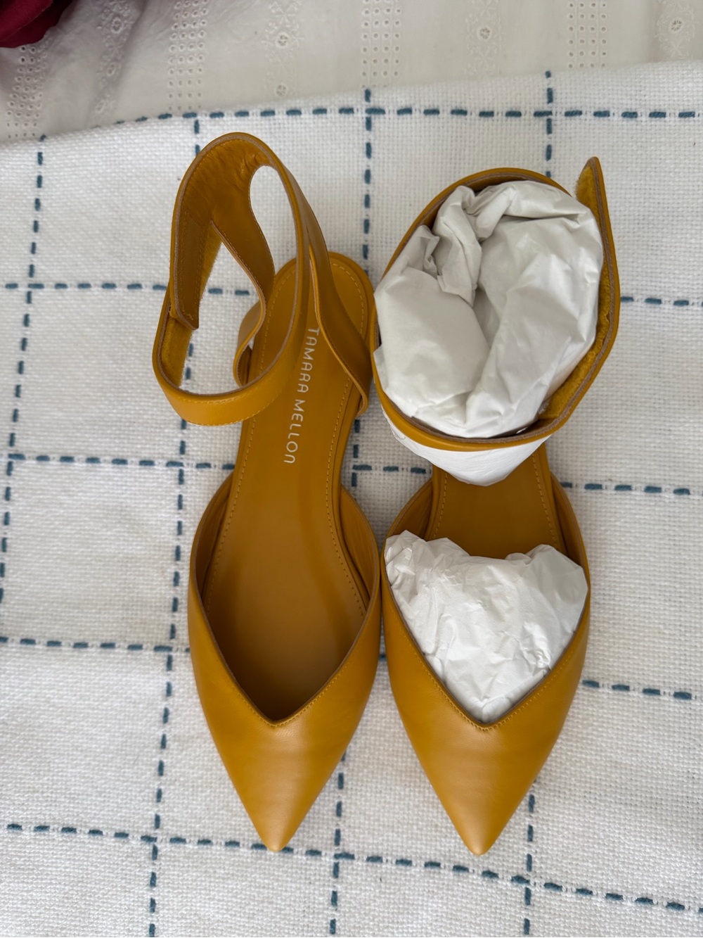 NWT Tamara Mellon Mustard Yellow Pointed-Toe Ankle Strap Flats